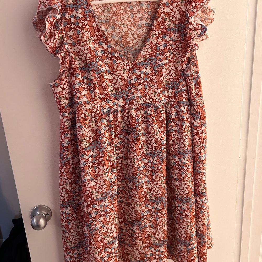 SHEIN Rust Floral Ruffle-Sleeve Mini Dress